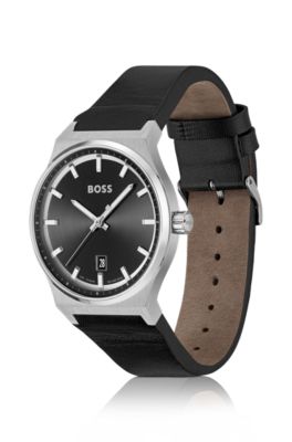 BOSS - Black-dial watch with leather strap
