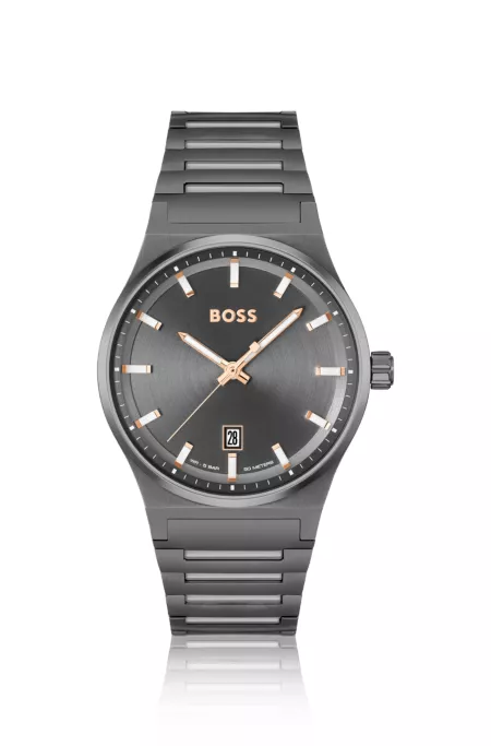 Grey-plated link-bracelet watch with grey dial