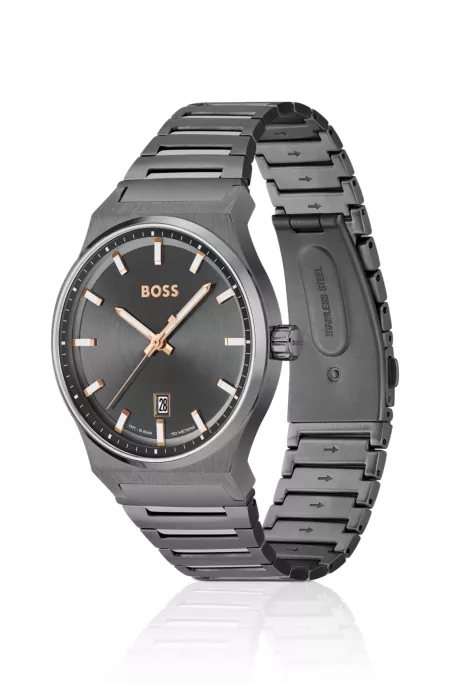 Grey-plated link-bracelet watch with grey dial
