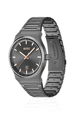 BOSS - Grey-plated link-bracelet watch with grey dial