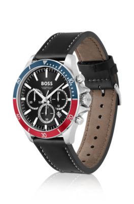 Leather-strap chronograph watch with two-tone bezel, Assorted-Pre-Pack