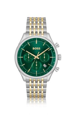 Green-dial chronograph watch with two-tone link bracelet, Assorted-Pre-Pack