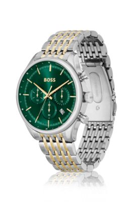 Green-dial chronograph watch with two-tone link bracelet, Assorted-Pre-Pack