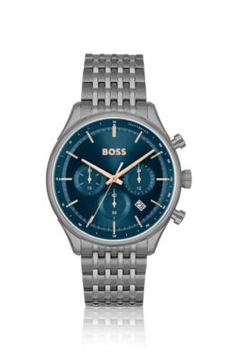 BOSS Grey multi link bracelet chronograph watch with blue dial