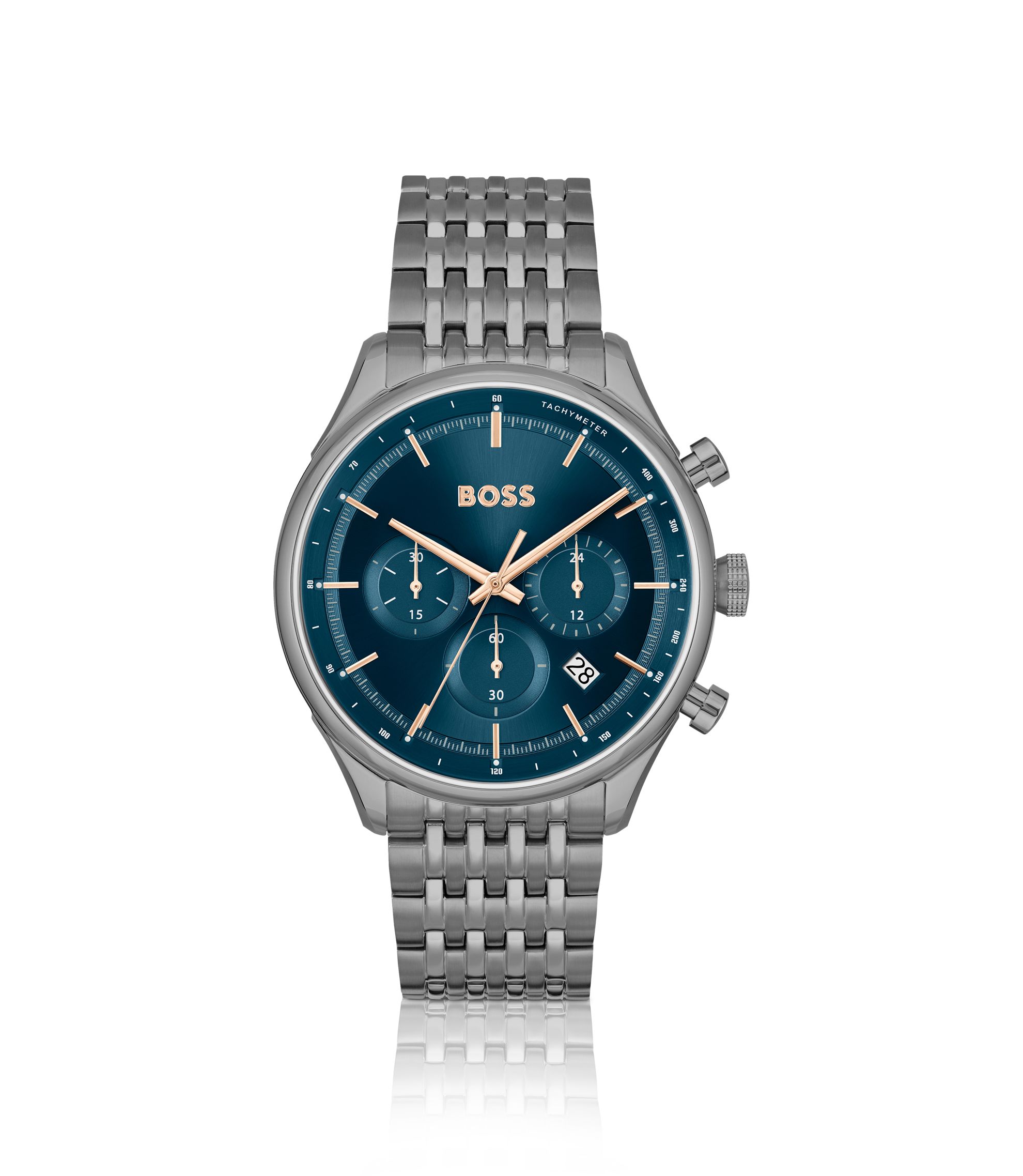 【マツ】BOSSジャン ネイビー/グレー BOSS - Grey multi-link-bracelet chronograph watch with blue dial