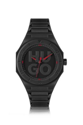 HUGO BLACK WATCH WITH SILICONE STRAP AND STACKED-LOGO DIAL MEN'S WATCHES