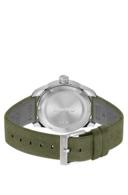 HUGO - Grey-dial watch with green fabric strap