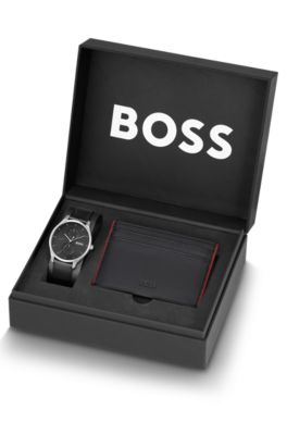 BOSS Black-dial watch and card holder gift set