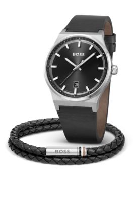 Leather-strap watch with black dial, Assorted-Pre-Pack