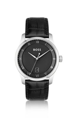 Black-dial watch with leather strap, Assorted-Pre-Pack