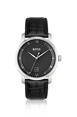 Leather strap watch with black patterned dial