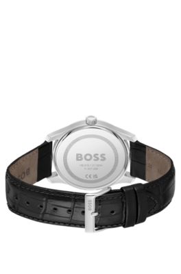 Black-dial watch with leather strap, Assorted-Pre-Pack