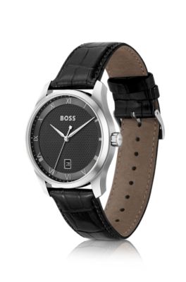 Black-dial watch with leather strap, Assorted-Pre-Pack