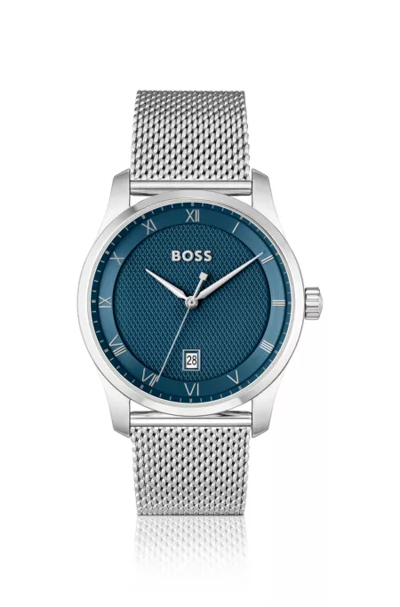 Blue-dial watch with mesh bracelet