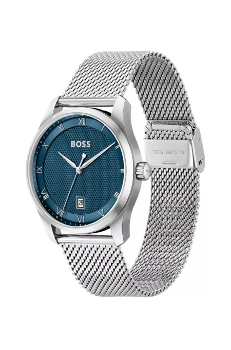 Blue-dial watch with mesh bracelet