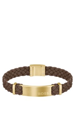 Hugo Boss Brown-suede Braided Cuff With Logo Plate Men's Jewellery Size M In Assorted-pre-pack