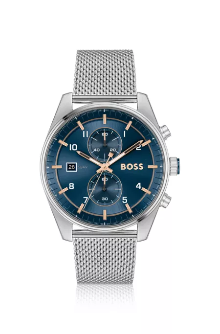 Blue-dial chronograph watch with mesh bracelet