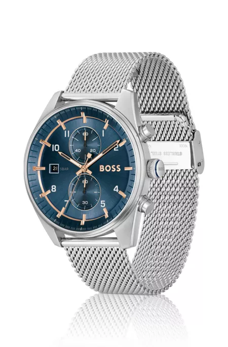 Blue-dial chronograph watch with mesh bracelet