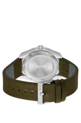 Olive-dial watch with matching leather strap, Assorted-Pre-Pack