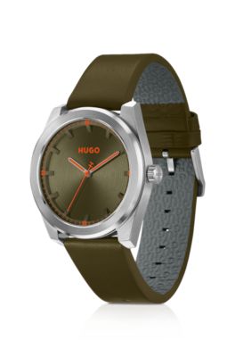 Olive-dial watch with matching leather strap, Assorted-Pre-Pack