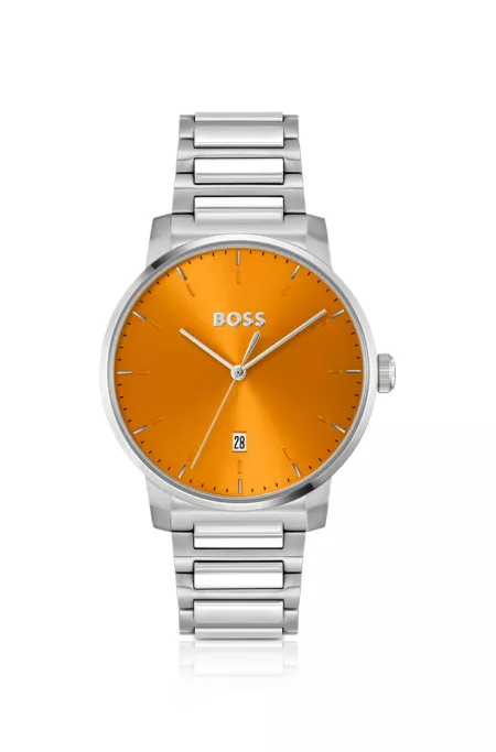 H-link-bracelet watch with brushed orange dial
