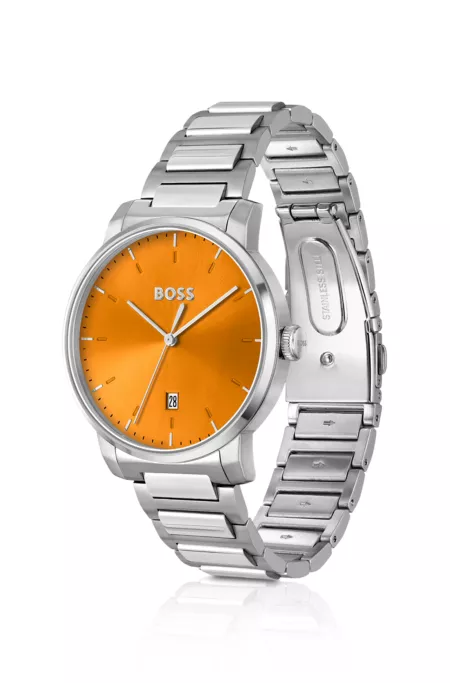 H-link-bracelet watch with brushed orange dial