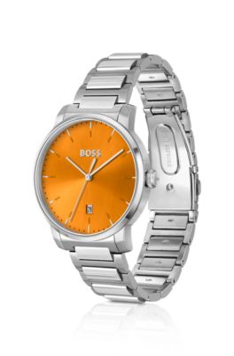 Reloj con esfera naranja cepillada y pulsera de eslabones en H, Assorted-Pre-Pack