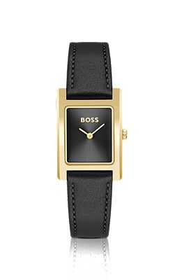 BOSS - Leather-strap watch with brushed black dial
