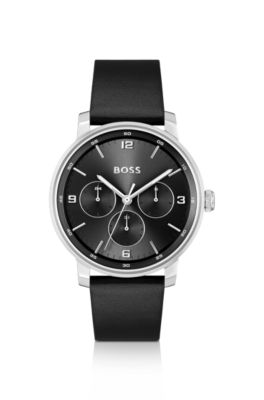 BOSS - Leather-strap watch with black dial