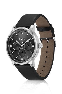 BOSS - Leather-strap watch with black dial