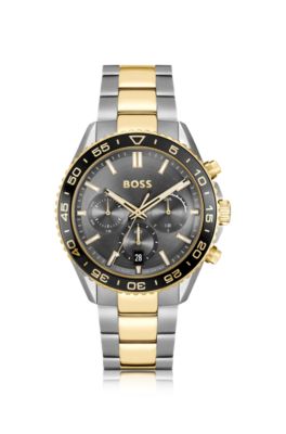 Two-tone link-bracelet chronograph watch with gray dial Men's Watches