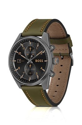 BOSS - Black-dial chronograph watch with green leather strap