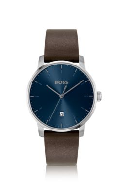 Blue-dial watch with leather strap, Assorted-Pre-Pack