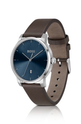 Blue-dial watch with leather strap, Assorted-Pre-Pack