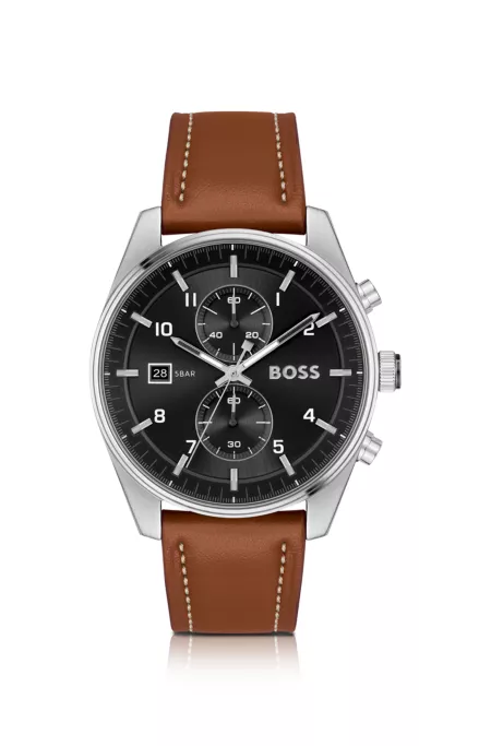 Black-dial chronograph watch with leather strap