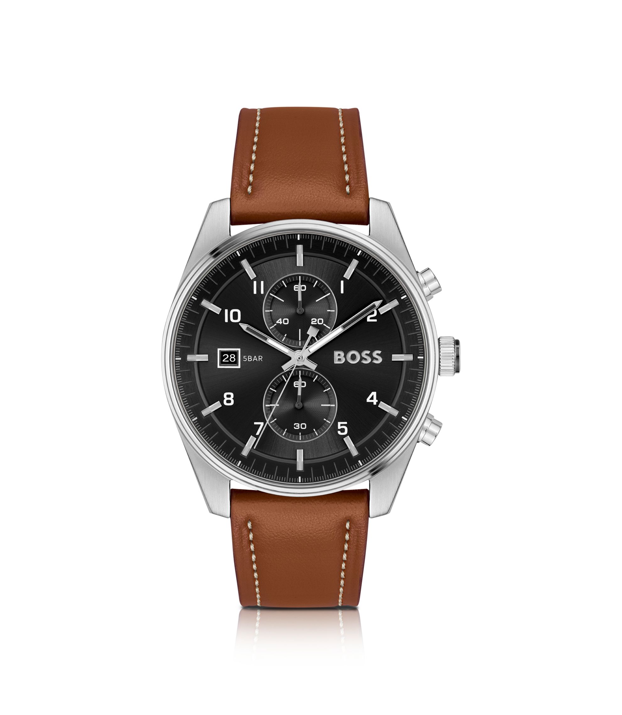 BOSS - SKYTRAVELLER Black-dial chronograph watch with brown