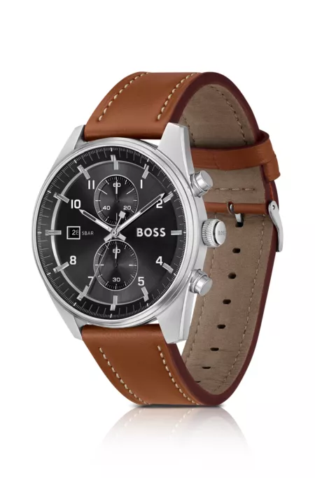 Black-dial chronograph watch with leather strap