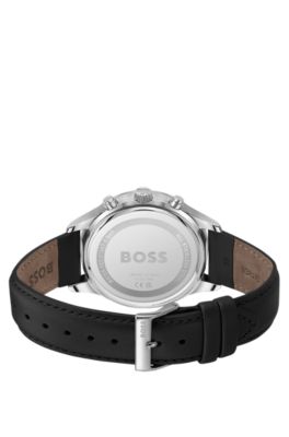 BOSS - Leather-strap chronograph watch with blue dial 