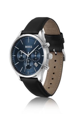 BOSS - Blue-dial chronograph watch with leather strap