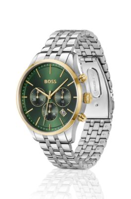 Green-dial chronograph watch with link bracelet, Assorted-Pre-Pack