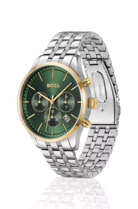 Green-dial chronograph watch with link bracelet