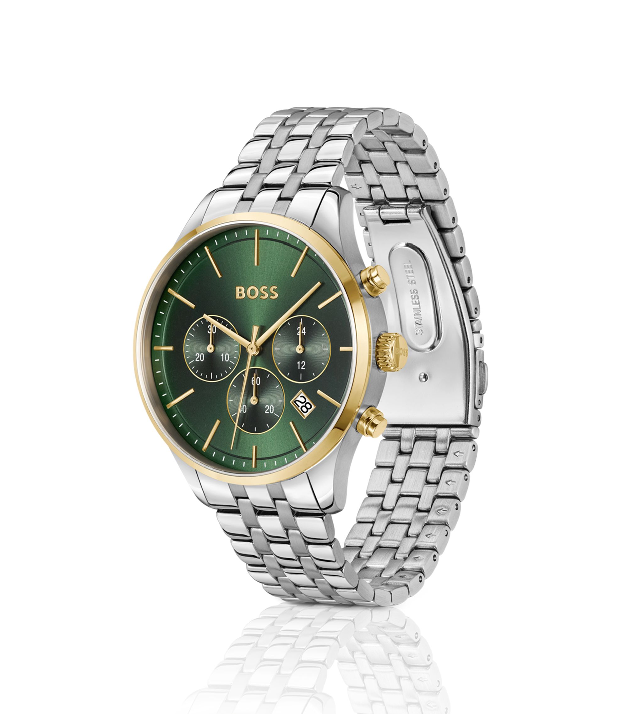BOSS - Green-dial chronograph watch with link bracelet