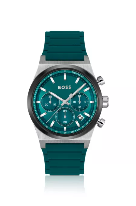 Green-dial chronograph watch with silicone strap