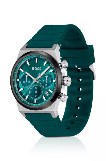 Green-dial chronograph watch with silicone strap
