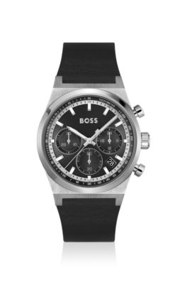 Silver-tone chronograph watch with black leather strap, Assorted-Pre-Pack