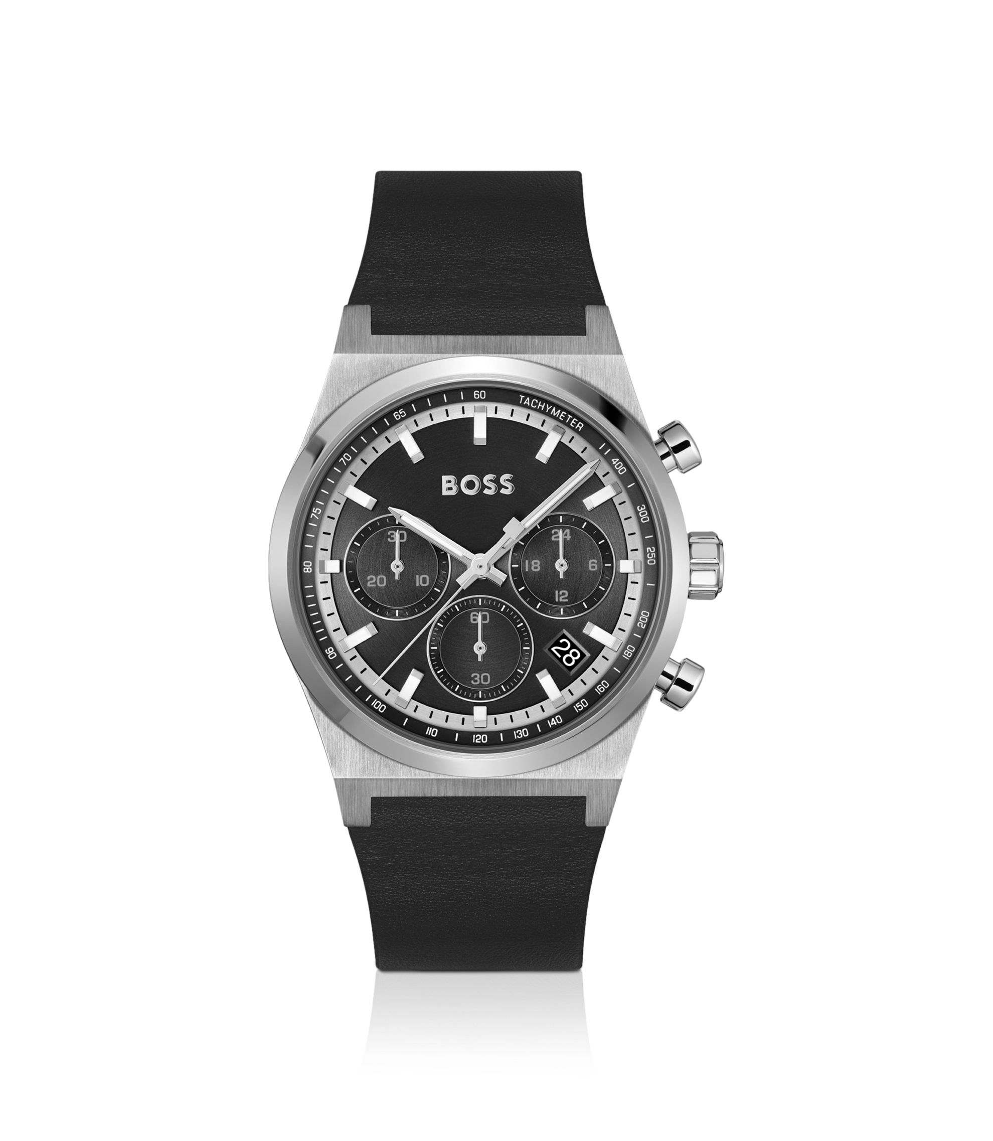 Silver-tone chronograph watch with black leather strap