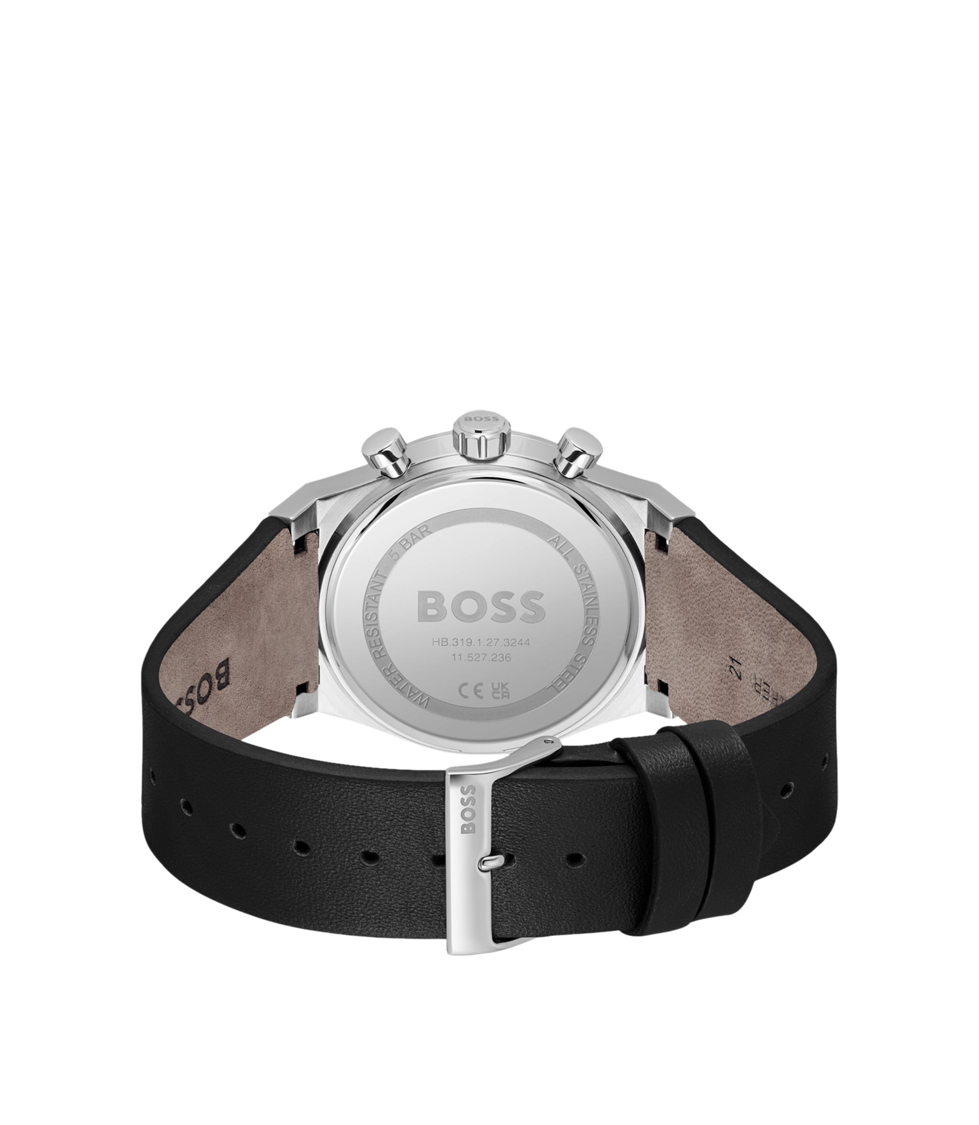 BOSS - Silver-tone chronograph watch with black leather strap