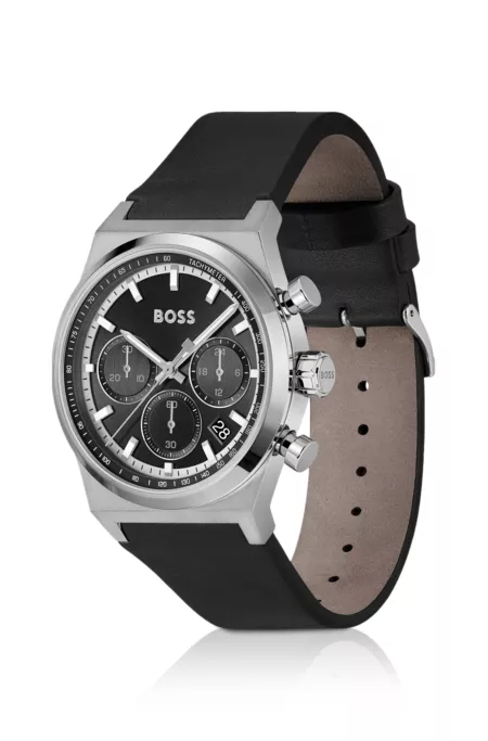 Silver-tone chronograph watch with black leather strap