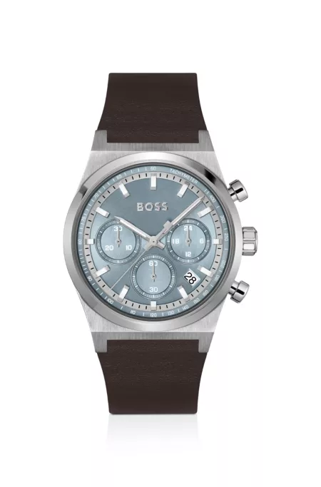 Silver-tone chronograph watch with brown leather strap