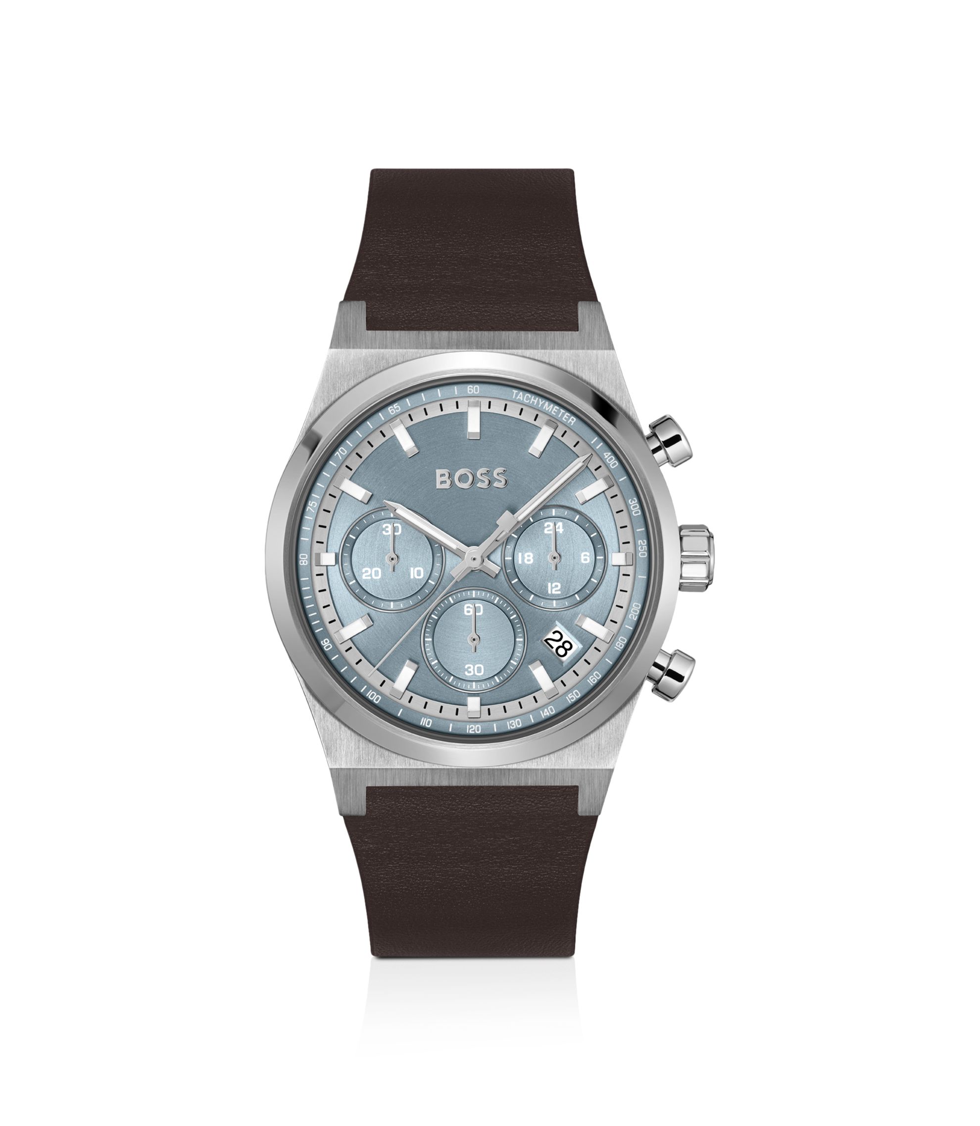 BOSS - Silver-tone chronograph watch with brown leather strap